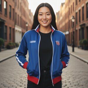 LONDON ENGLAND Track Jacket Women's M Blue Jersey Full Zip Long Sleeve Pockets